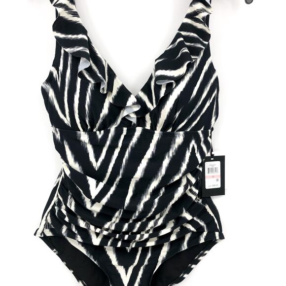 DKNY Ruffle One-piece Swimsuit Size 10 Black White Zebra Tummy Control NWT - Picture 3 of 12